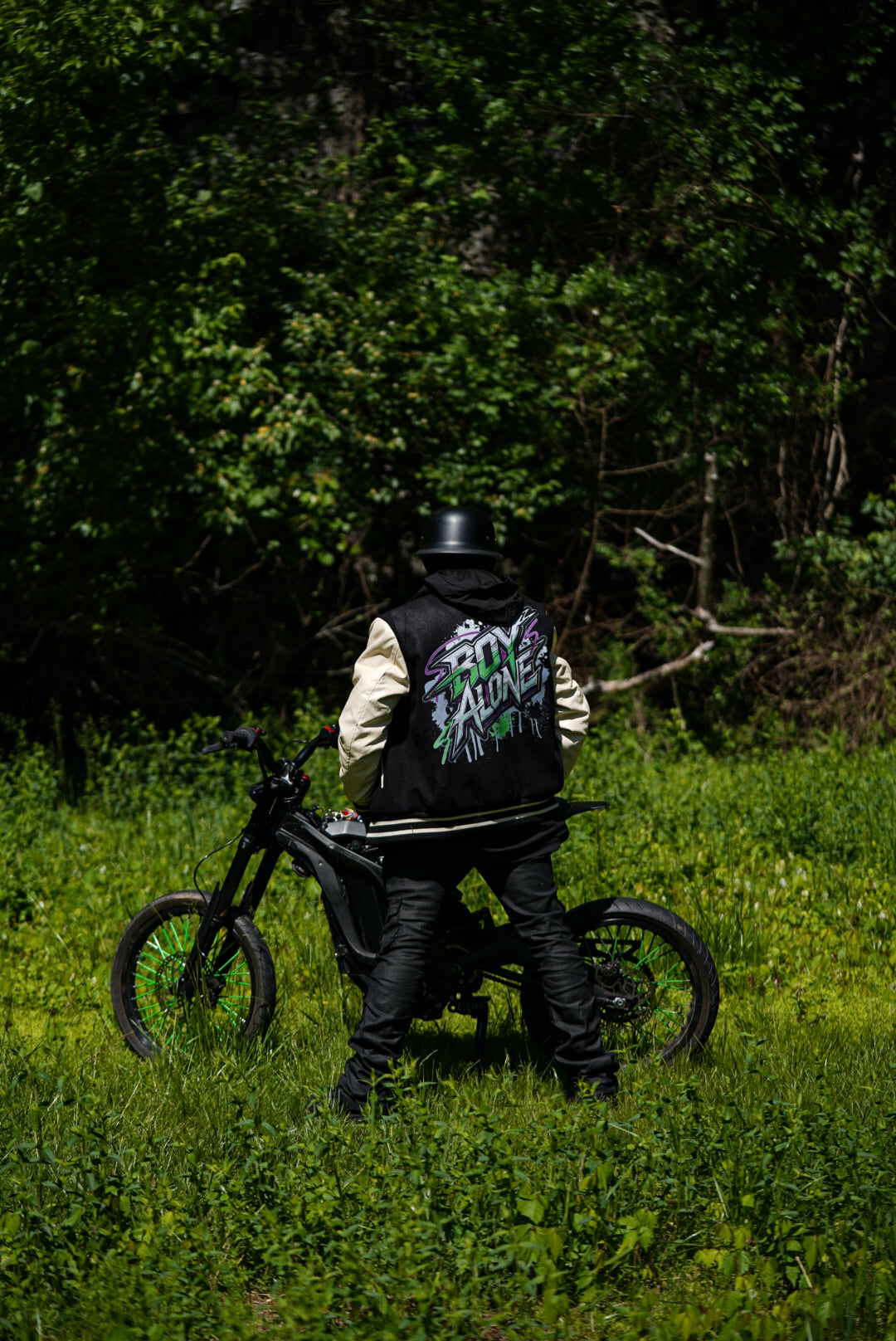 BOY - ALONE “ BLACK VARSITY JACKET “LEATHER SLEEVES $150