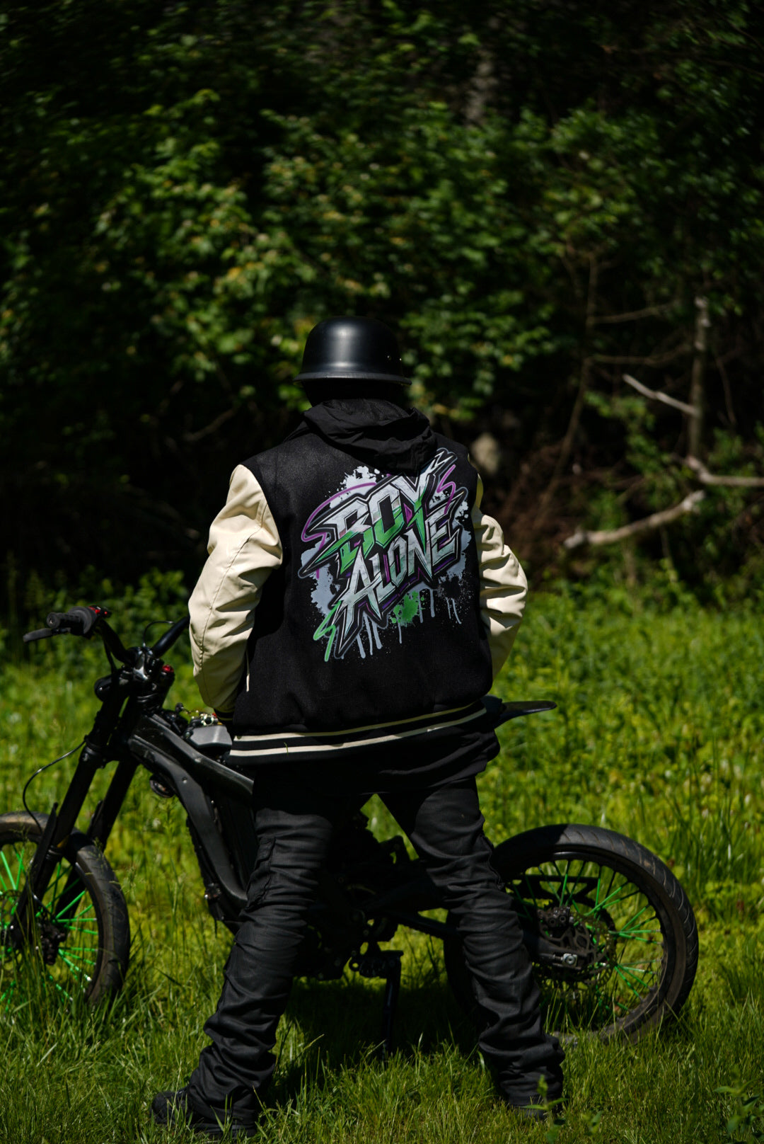 BOY - ALONE “ BLACK VARSITY JACKET “LEATHER SLEEVES $150