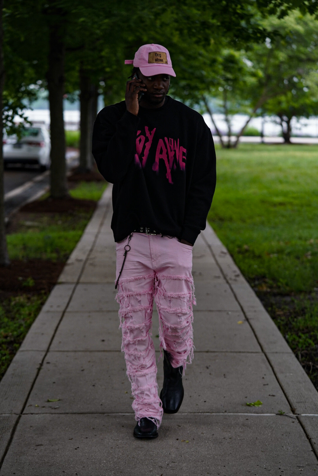 BOY ALONE BLACK SWEATSHIRT “ HOT PINK DESIGN “ $50