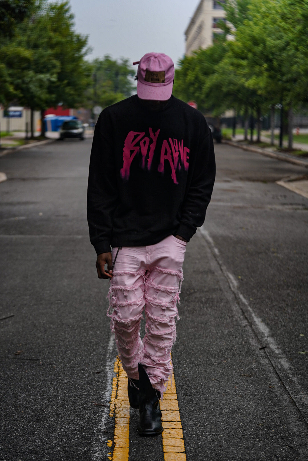 BOY ALONE BLACK SWEATSHIRT “ HOT PINK DESIGN “ $50