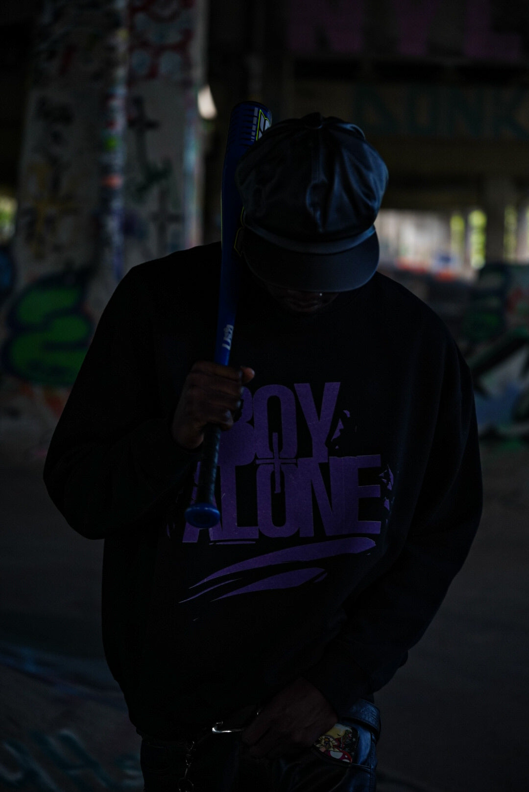 BOY ALONE BLACK SWEATSHIRT “ PURPLE DESIGN “ $50