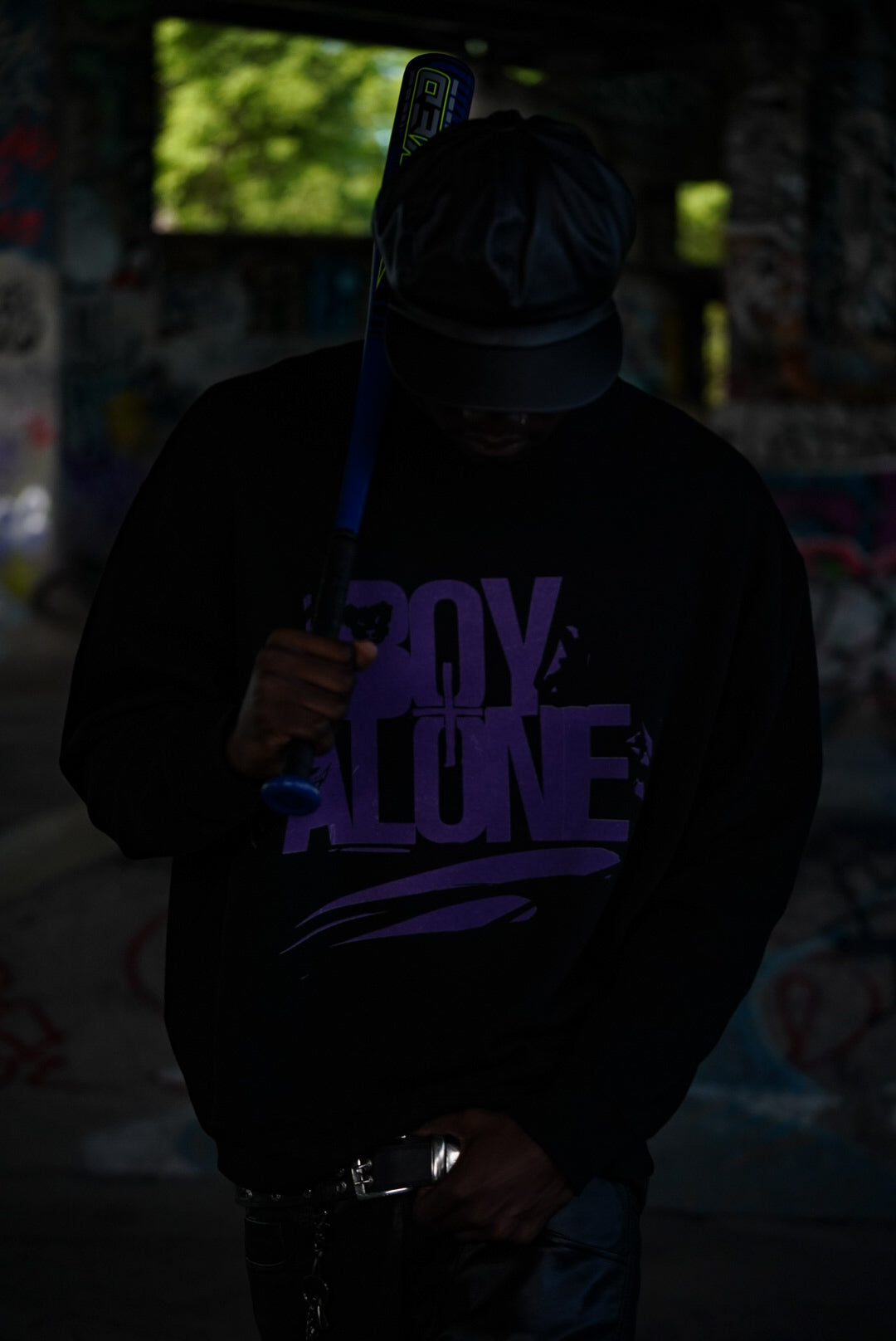 BOY ALONE BLACK SWEATSHIRT “ PURPLE DESIGN “ $50