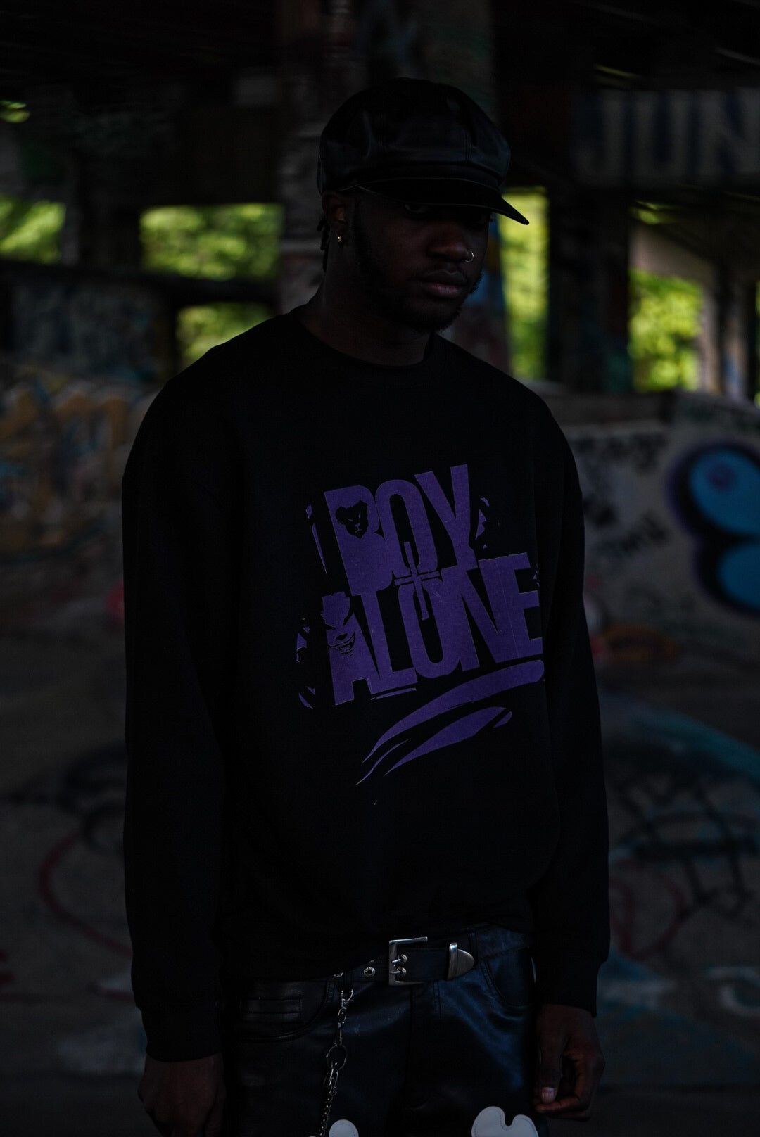 BOY ALONE BLACK SWEATSHIRT “ PURPLE DESIGN “ $50