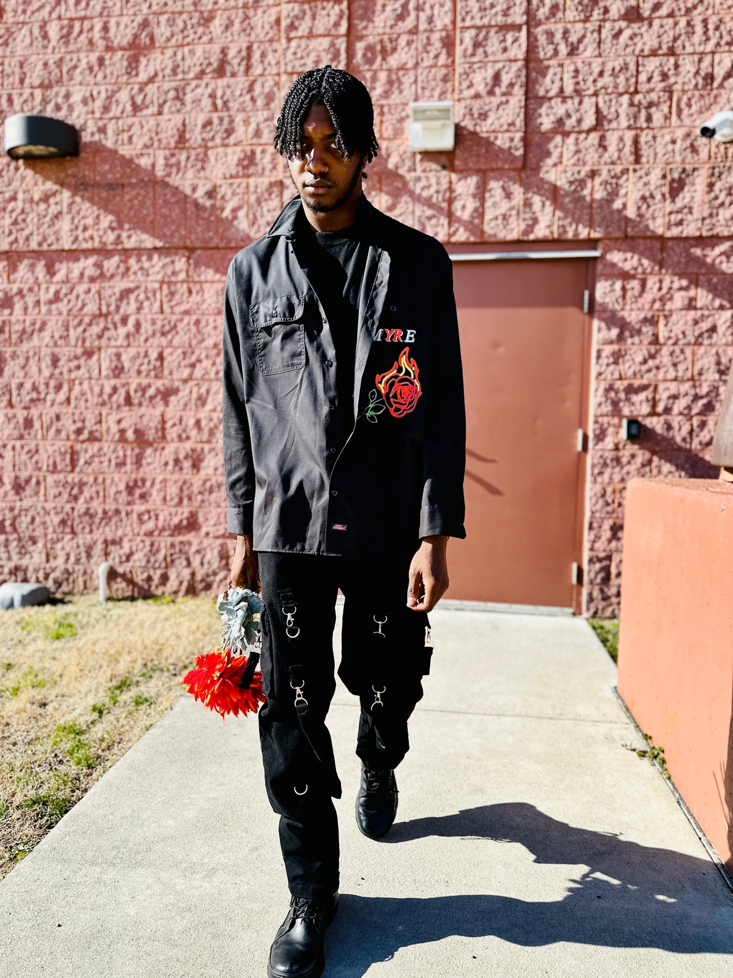 Myre black buttonup shirt design “ DEAD INSIDE / flaming rose”
