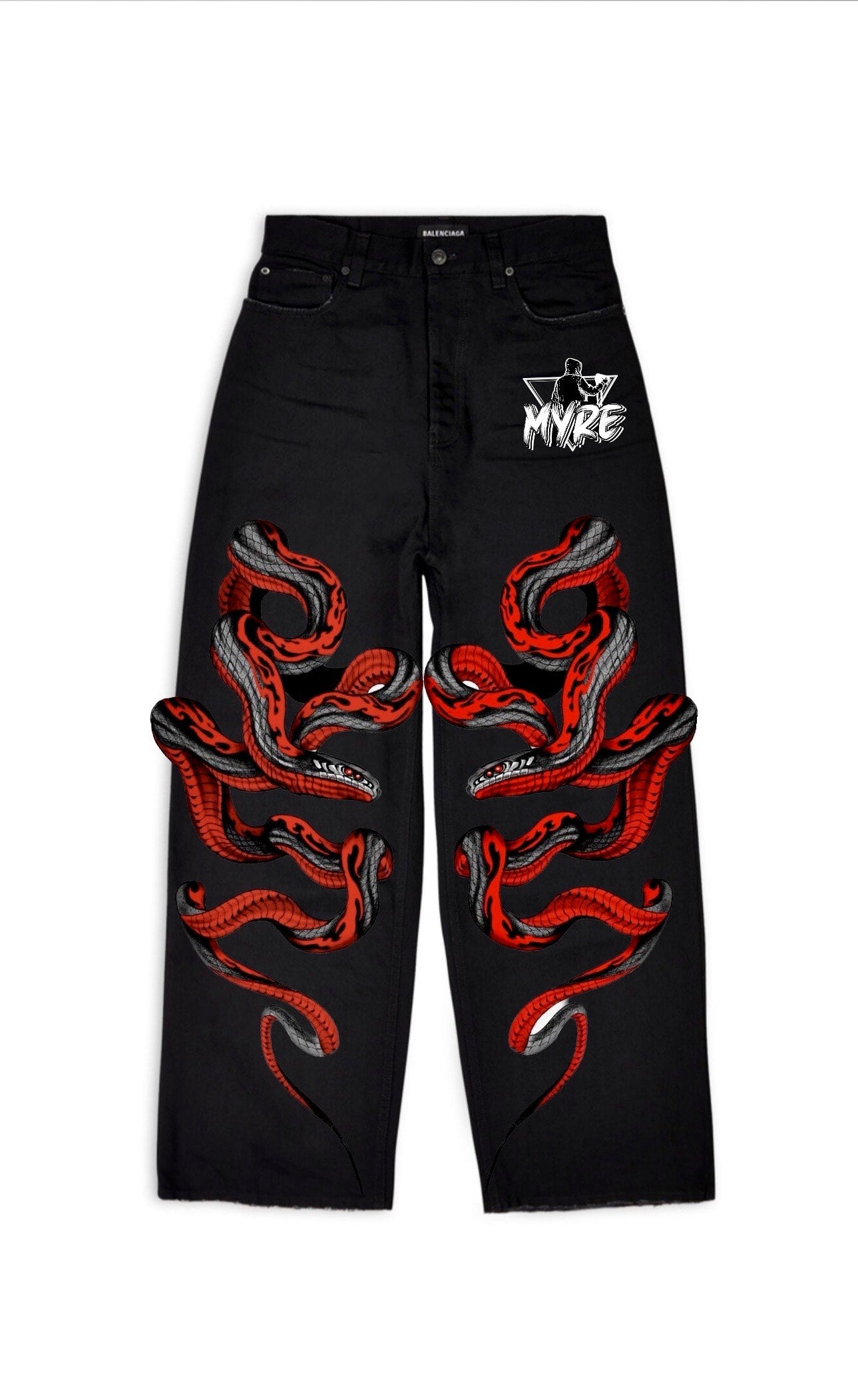 Myre black jean pant design “ coiled red snake”