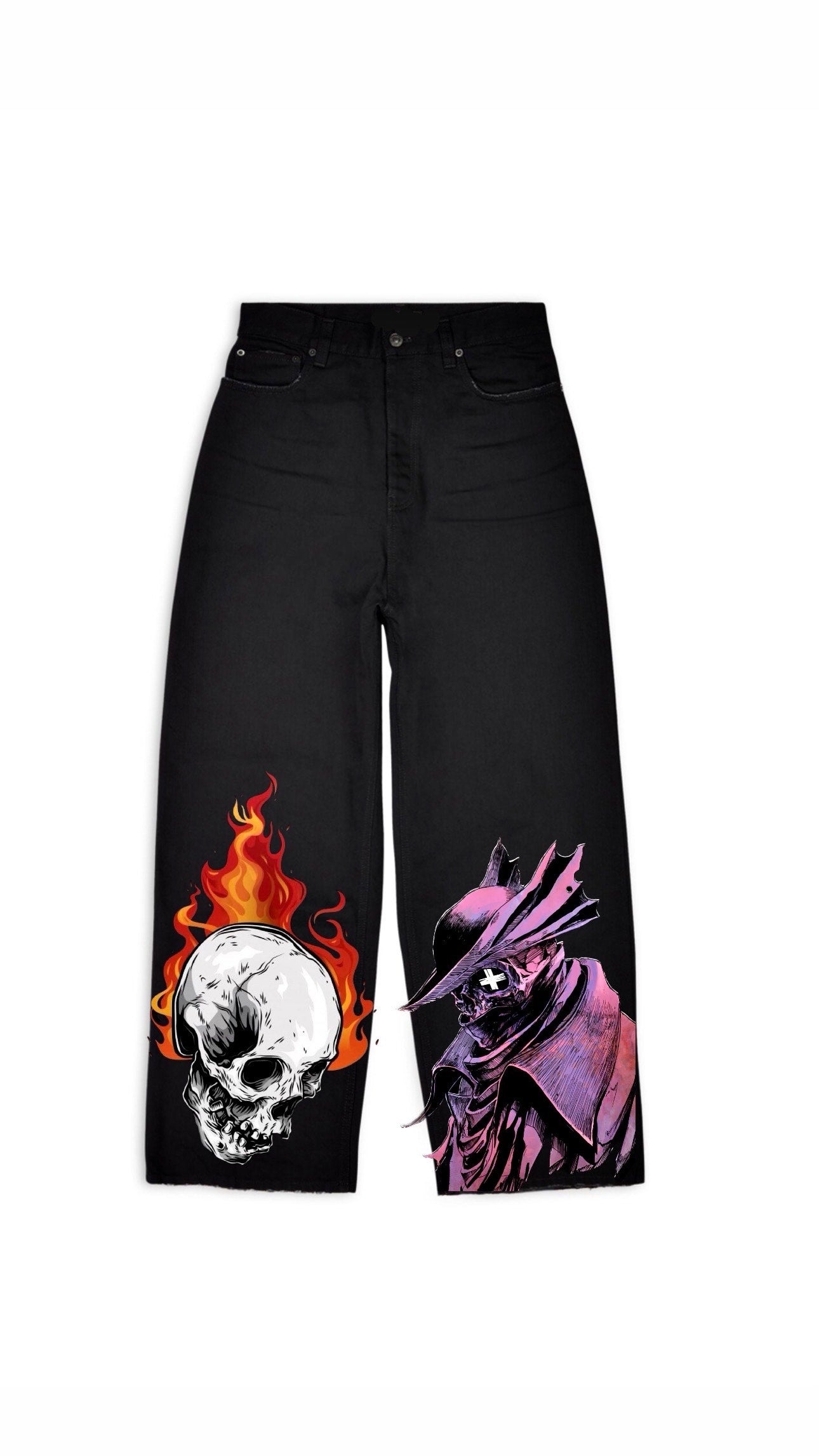 Myre black jean pant design”burning skull”