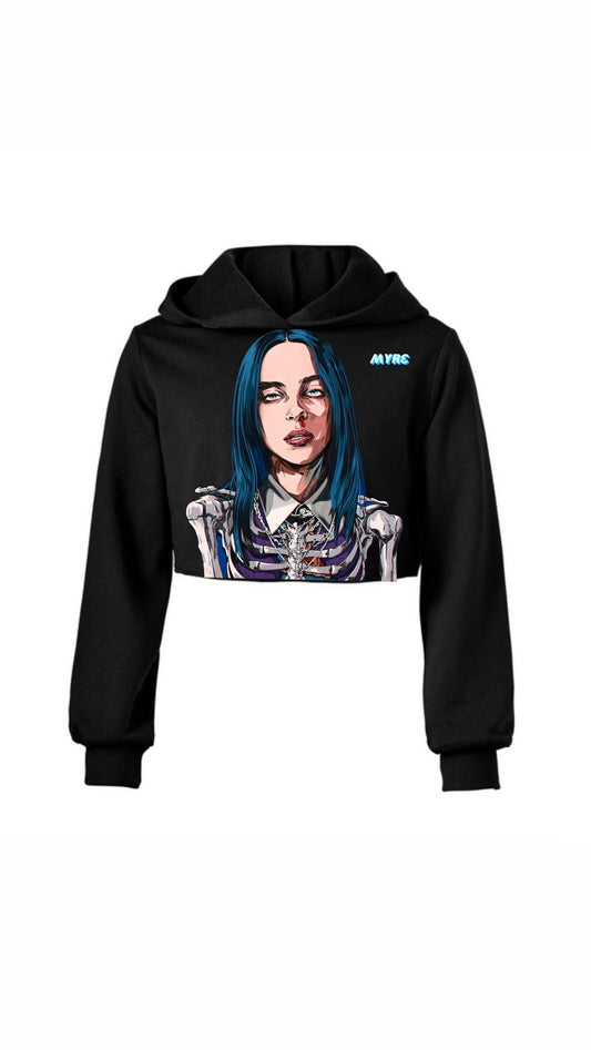 Myre black crop top hoodie design” love is colder than death”