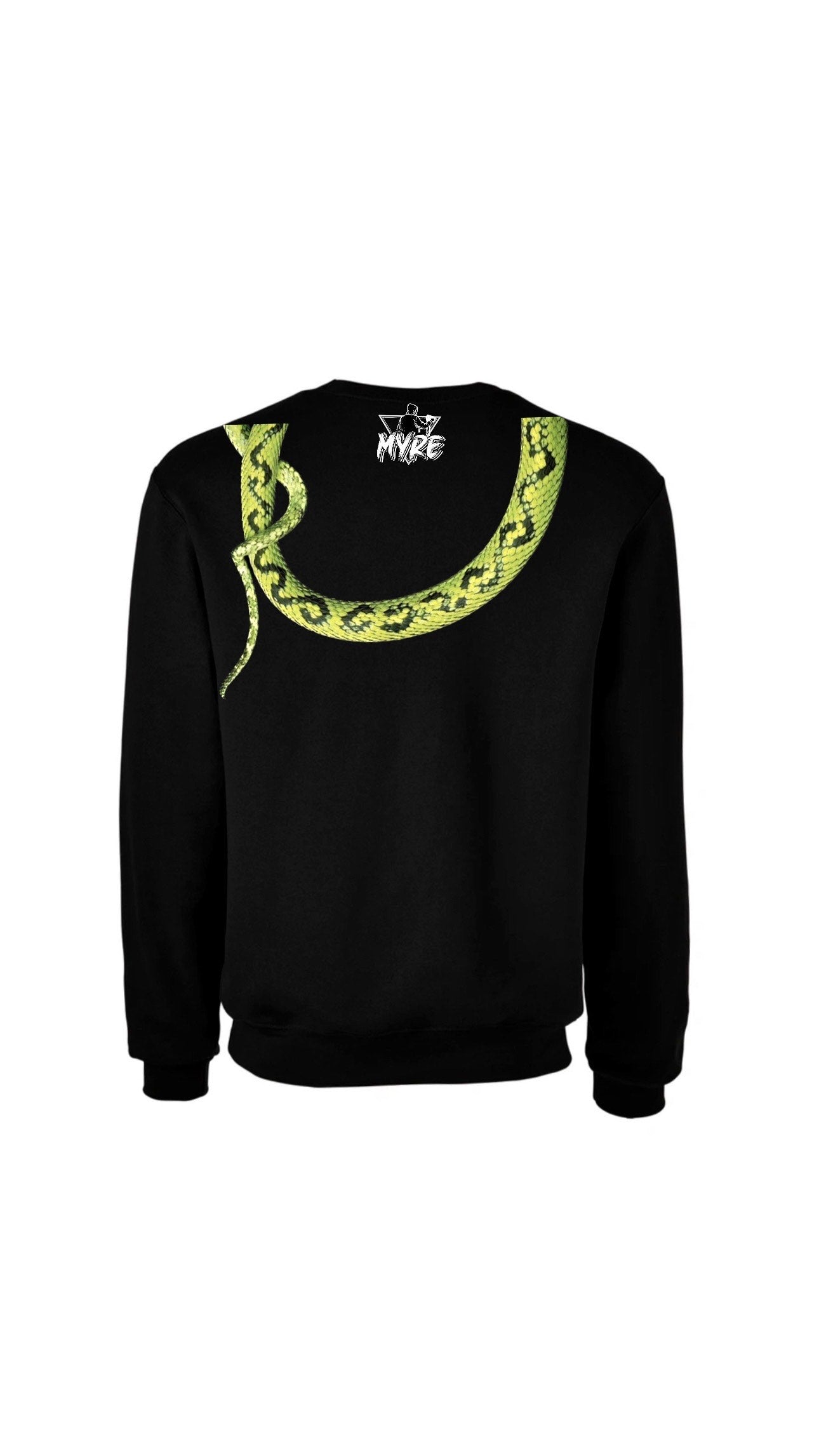 Myre black sweatshirt design “ coiled green snake”