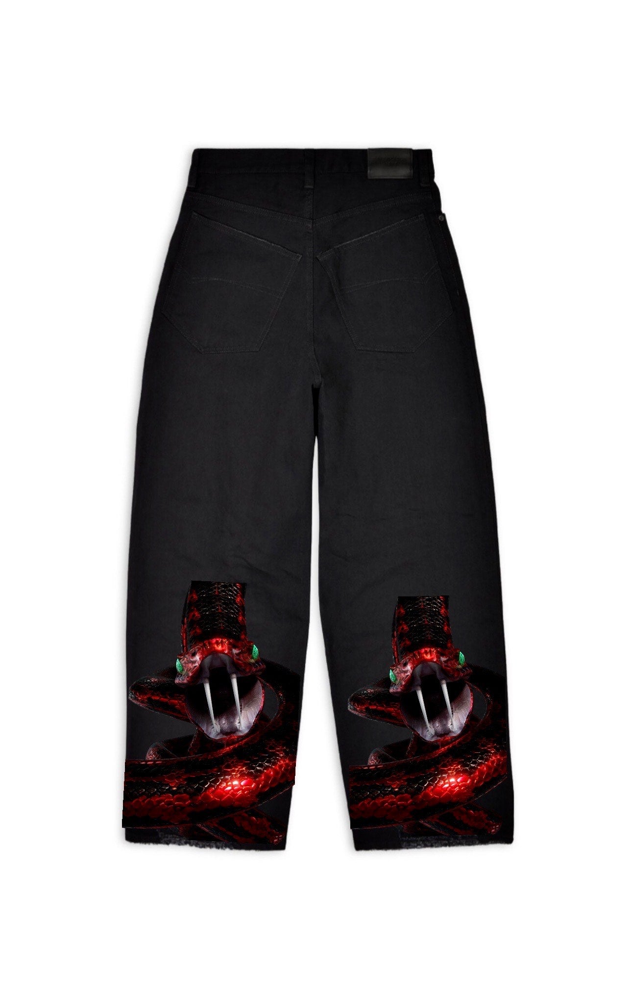 Myre black jean pant design “ coiled red snake”