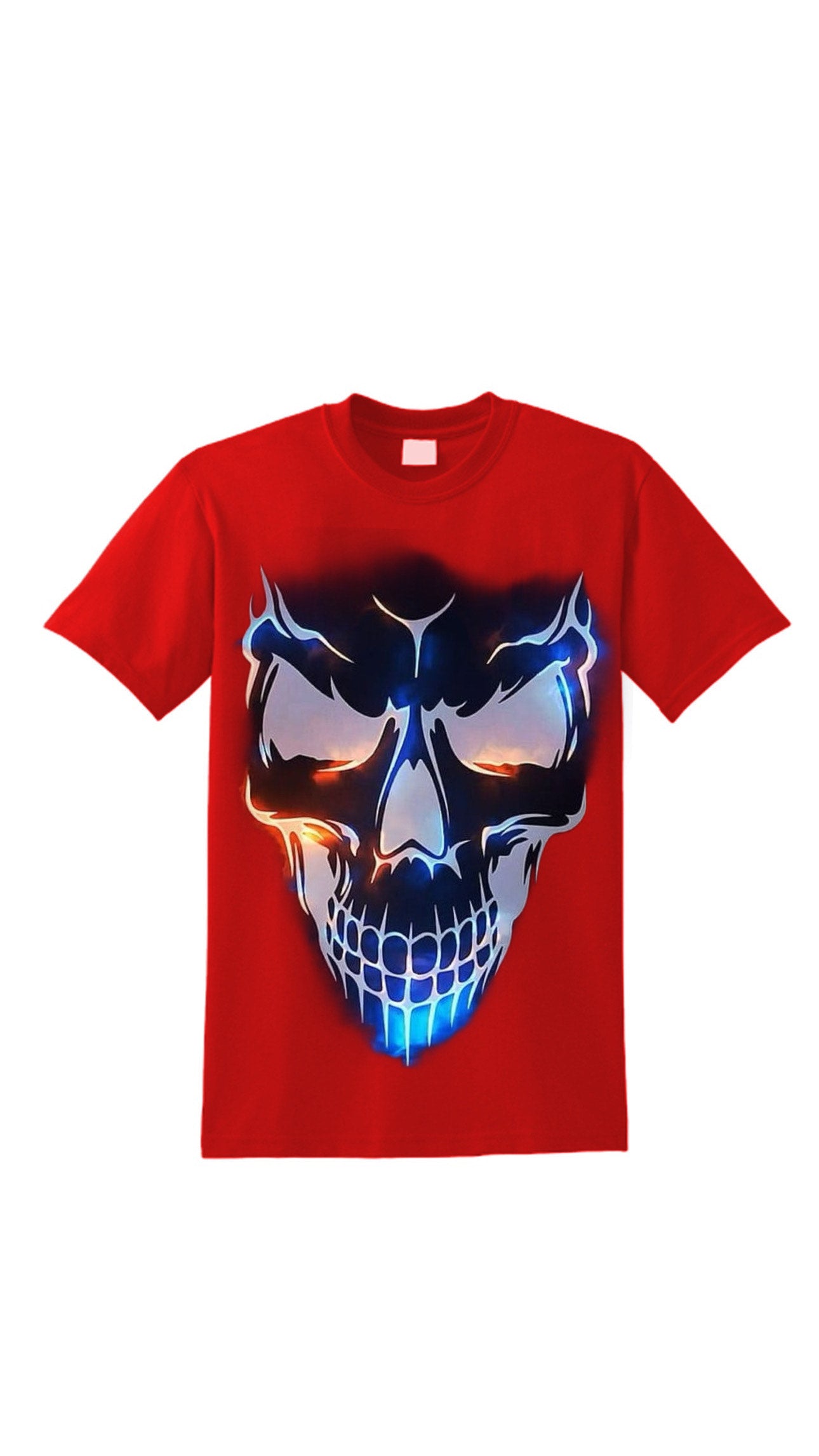 Myre red t shirt design” lightening skull/ Gone crazy be back shortly “