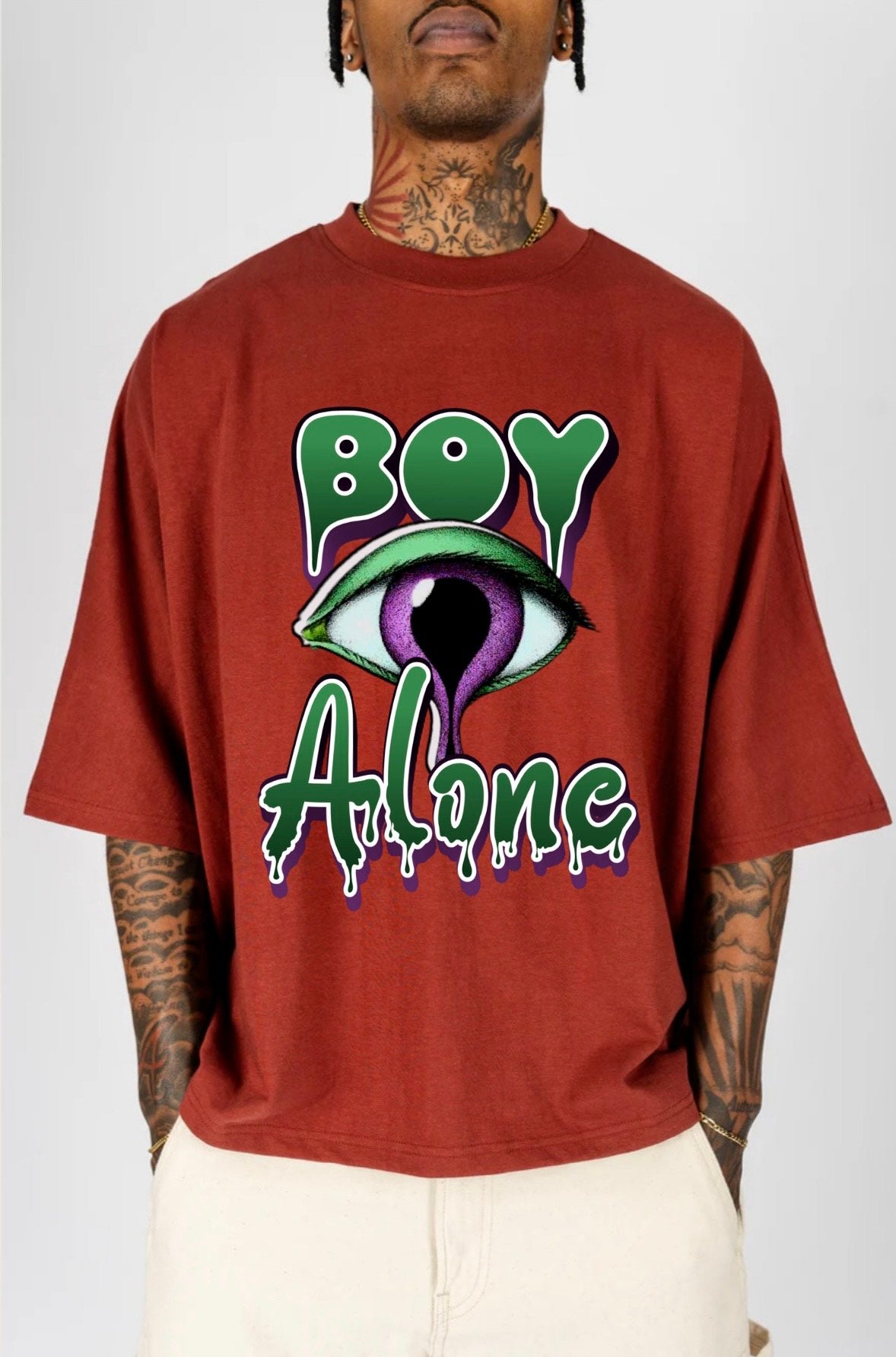 BOY ALONE “2PANEL BOXY TEE WINE DESIGN”