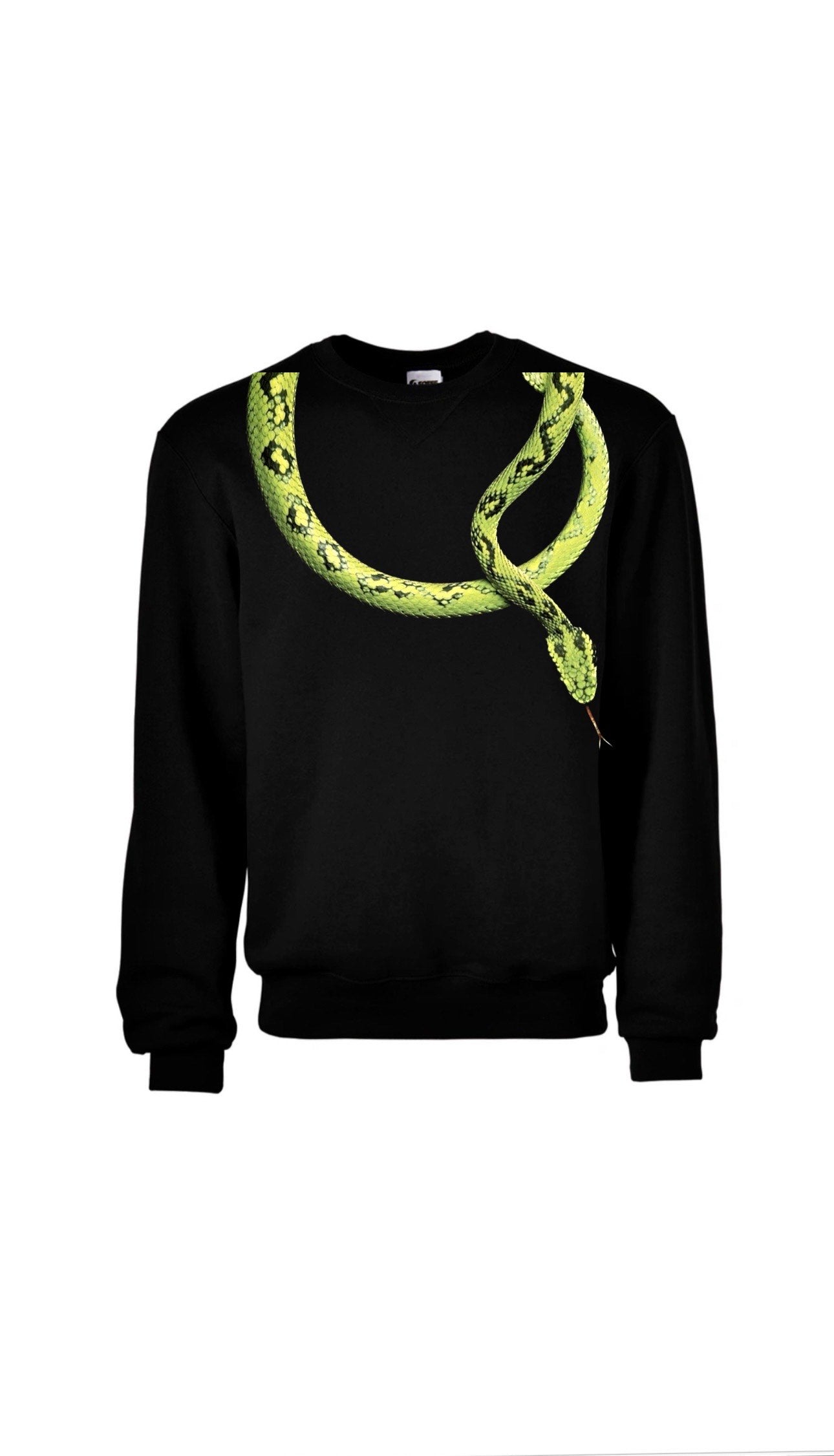 Myre black sweatshirt design “ coiled green snake”