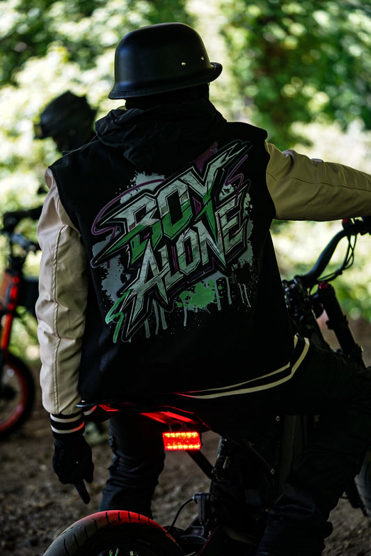 BOY - ALONE “ BLACK VARSITY JACKET “LEATHER SLEEVES $150