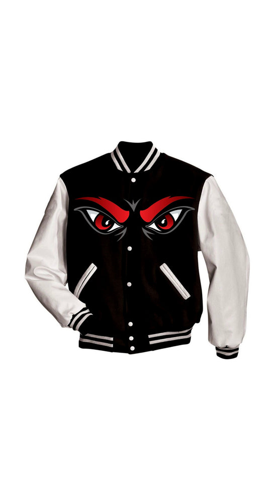 Myre black varsity jacket design “ They think am winking but am aiming “