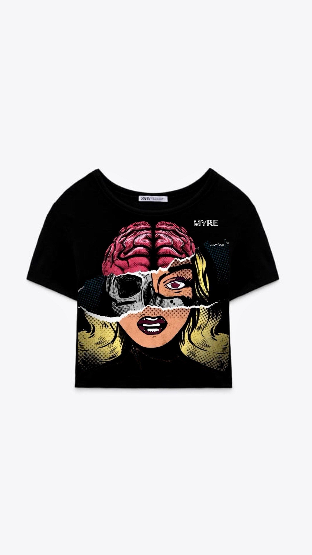 Myre black short sleeve crop top design” love switch”