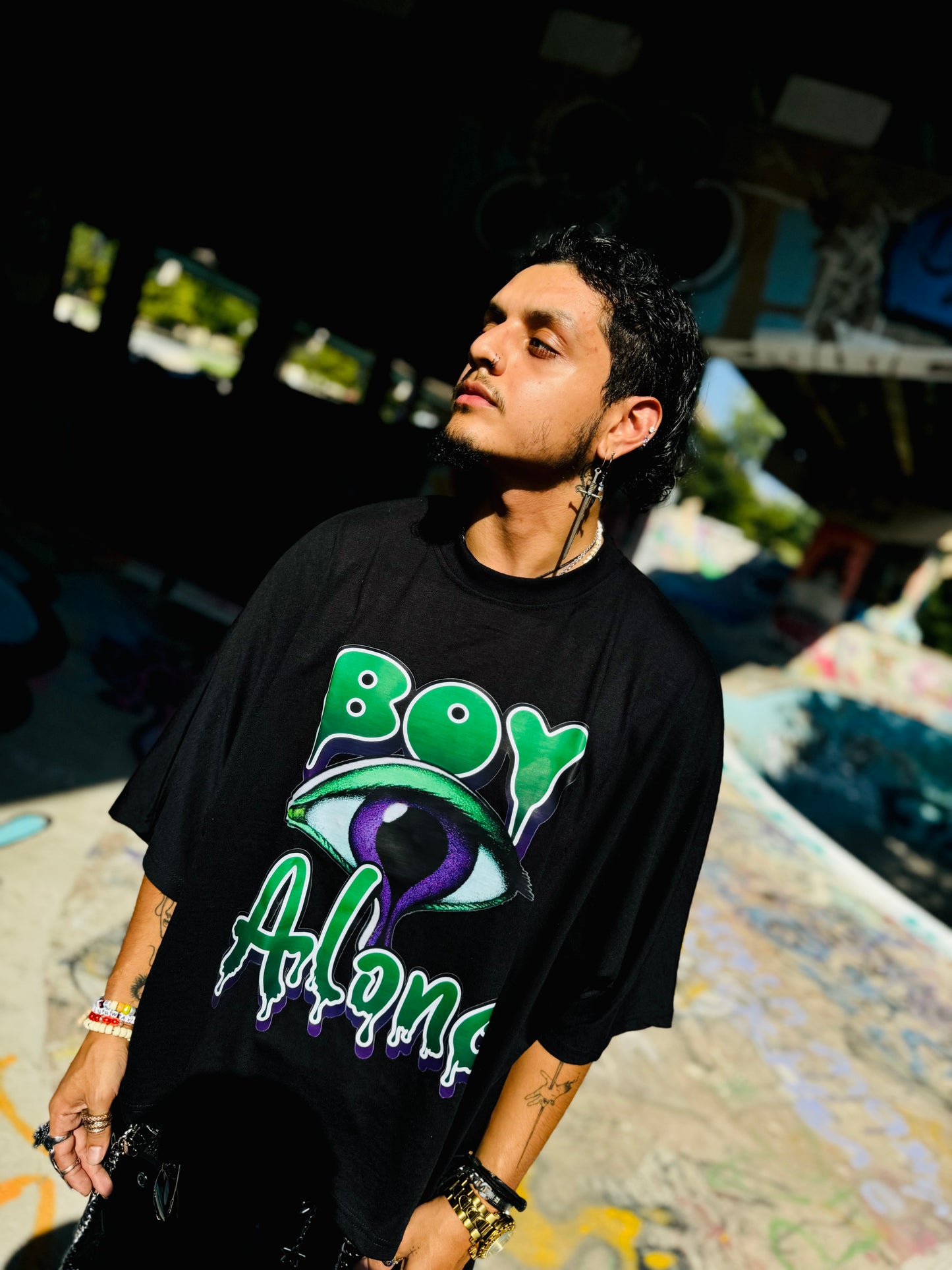 BOY ALONE "2PANEL BOXY TEE BLACK PURPLE EYES DESIGN”