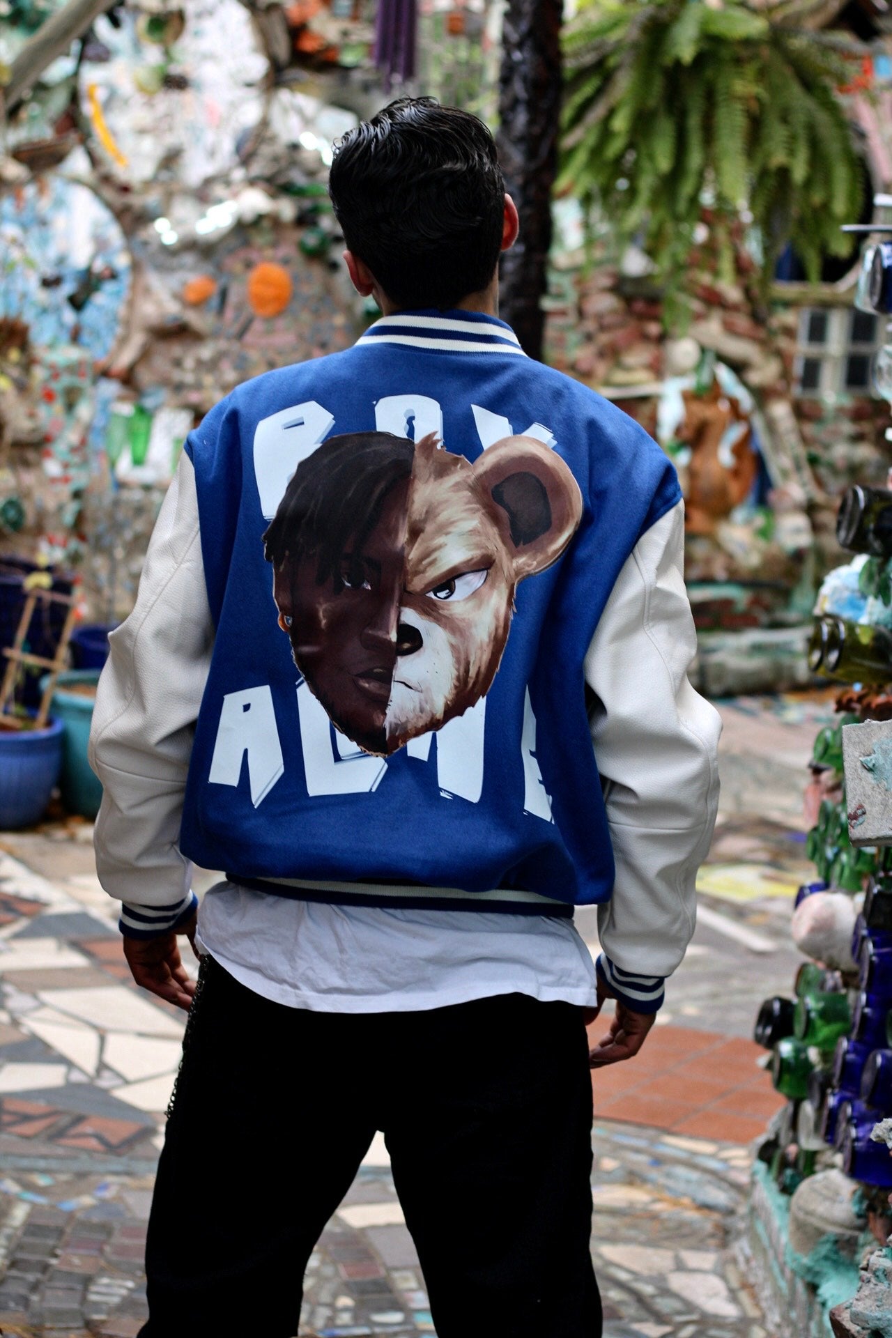 BOY ALONE HALF TEDDY FACE "BLUE VARSITY JACKET LEATHER SLEEVES“