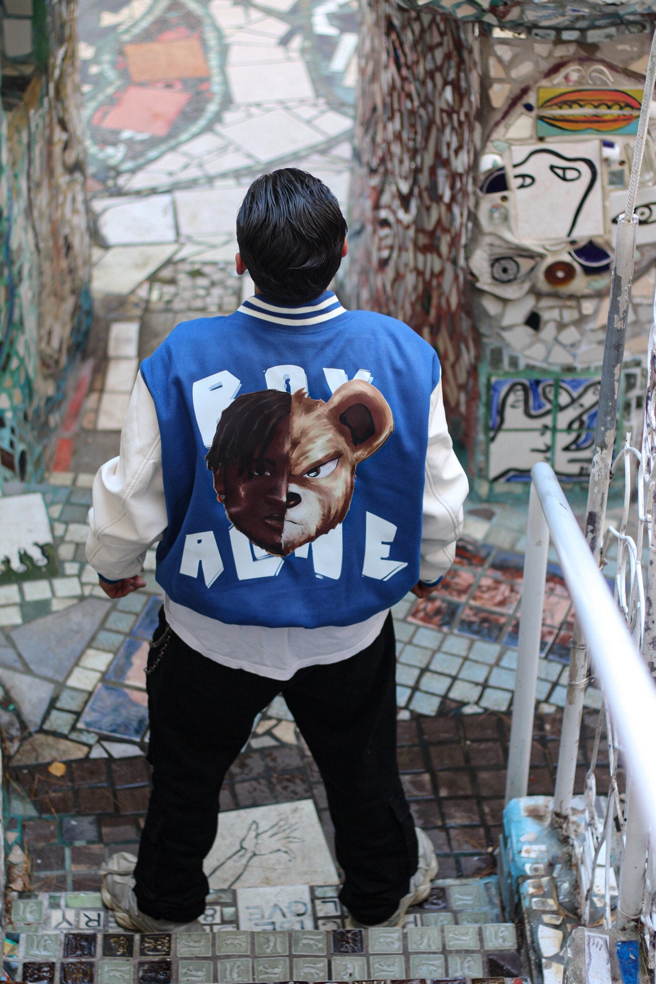 BOY ALONE HALF TEDDY FACE "BLUE VARSITY JACKET LEATHER SLEEVES“