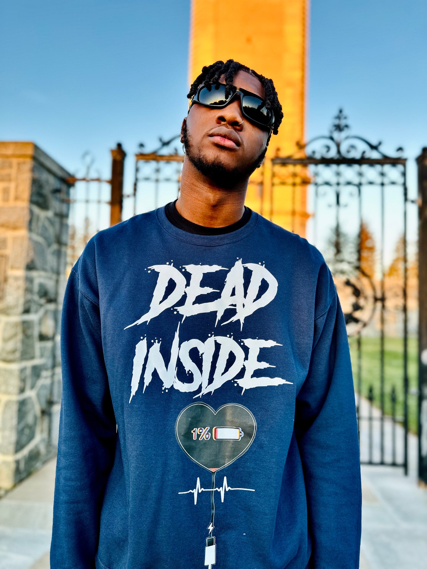 Myre deep blue sweatshirt design “ dead inside/ love? No I prefer vodka “