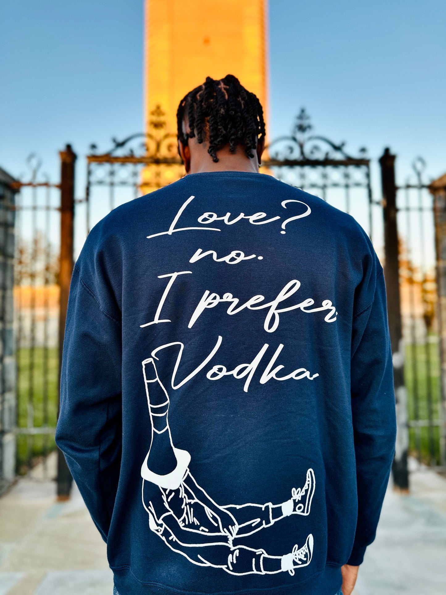 Myre deep blue sweatshirt design “ dead inside/ love? No I prefer vodka “