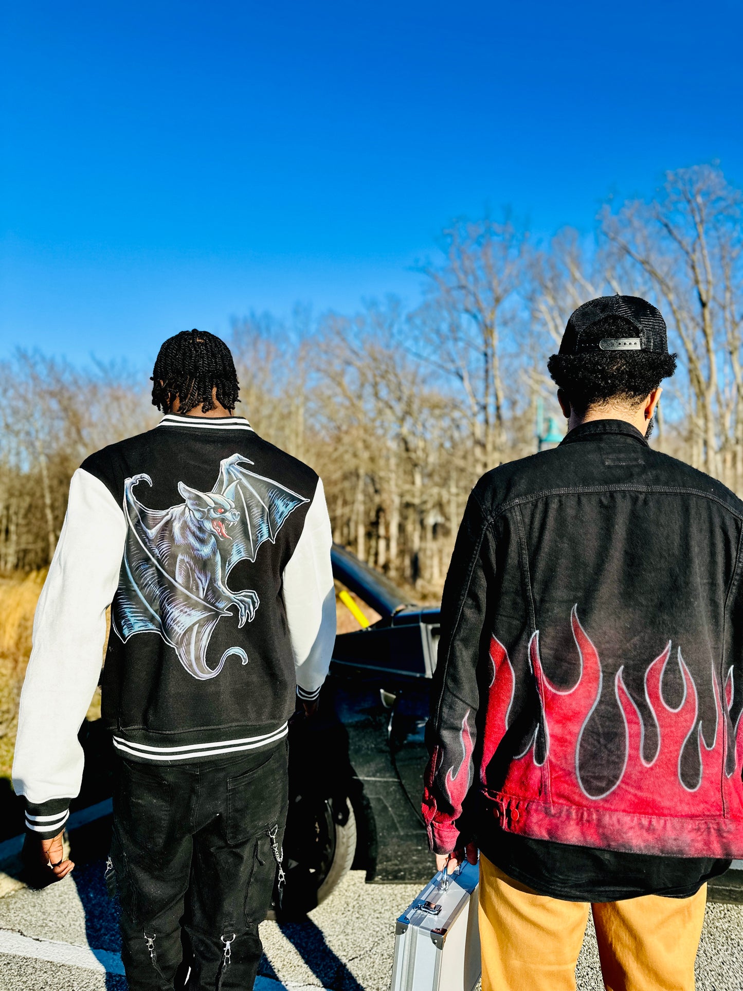 QUAN & MYRE JEAN JACKET DESIGN “ PURPLE FLAMES & RED FLAMES “