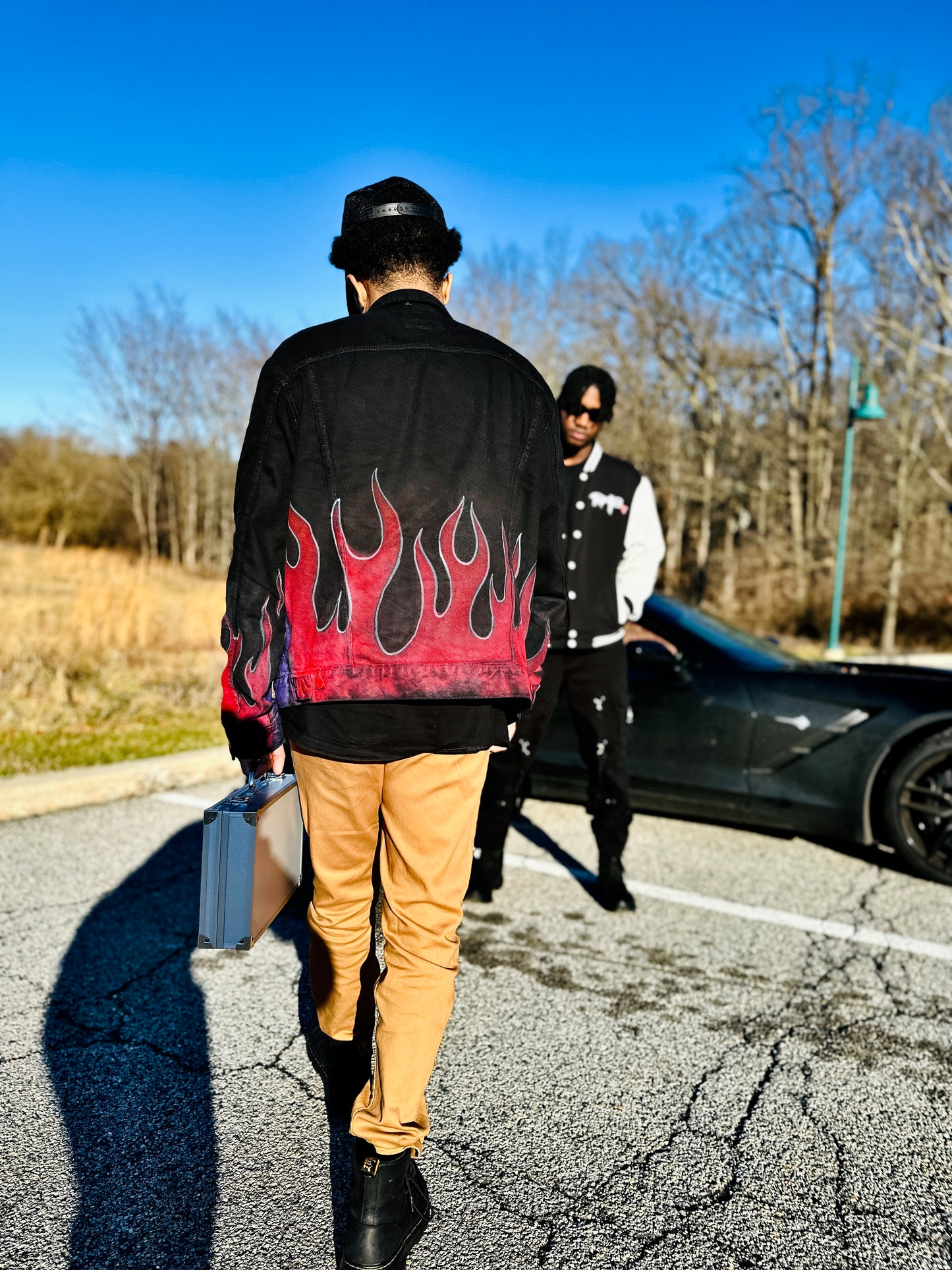 QUAN & MYRE JEAN JACKET DESIGN “ PURPLE FLAMES & RED FLAMES “