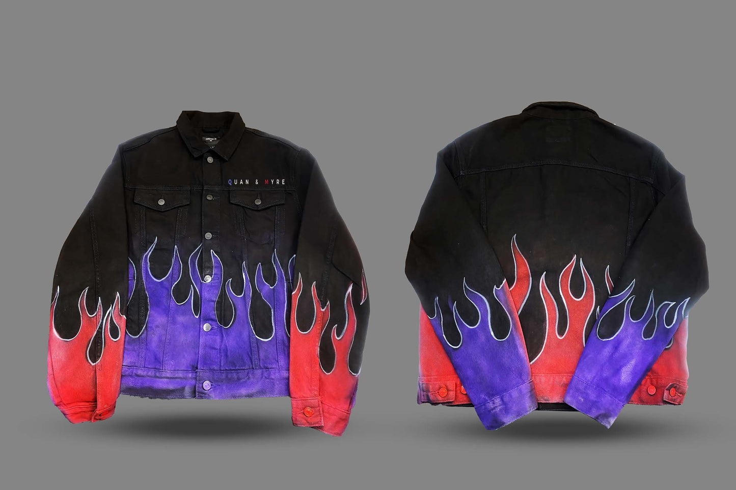 QUAN & MYRE JEAN JACKET DESIGN “ PURPLE FLAMES & RED FLAMES “