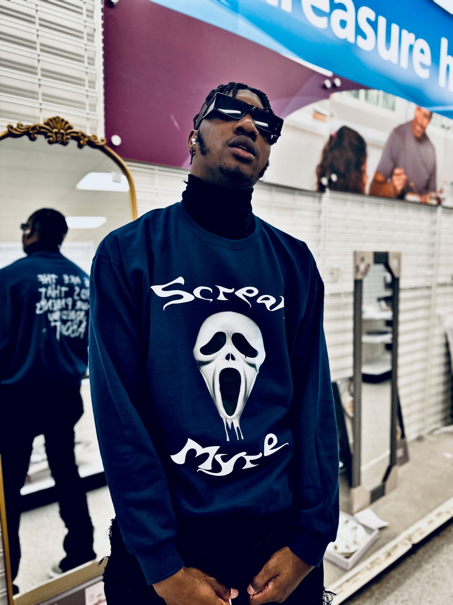 Myre blue sweatshirt design “ scream Myre “