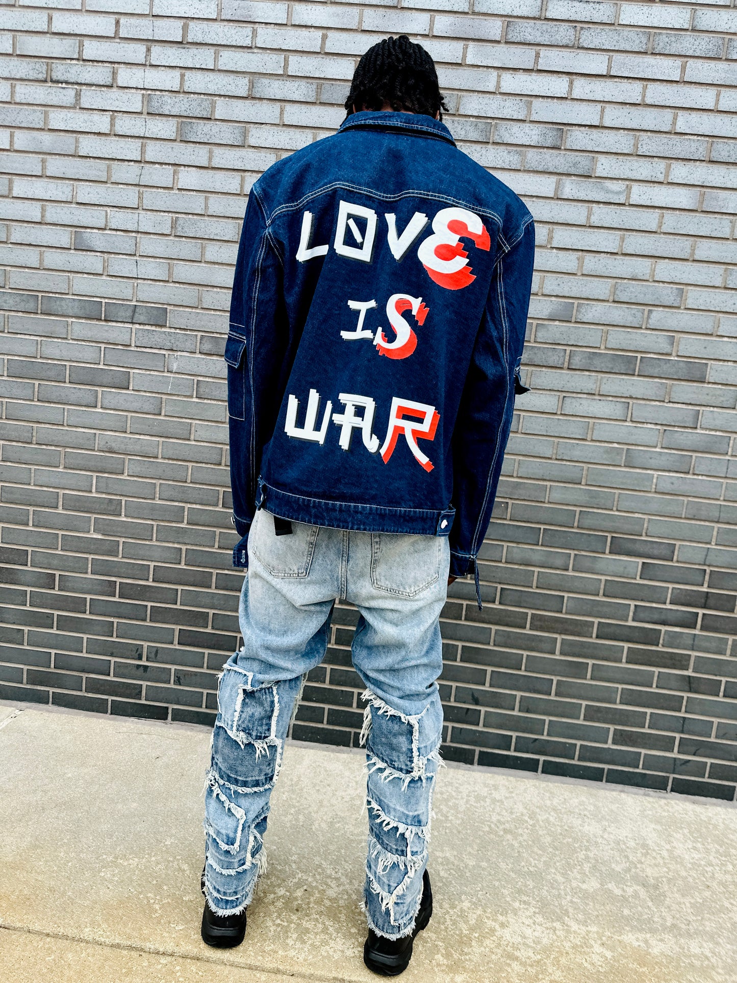 Myre blue Jean jacket design “ Love is war”