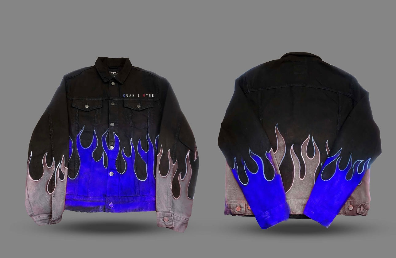 QUAN & MYRE BLACK JEAN JACKET DESIGN “ BLUE FLAMES & SILVER FLAMES”