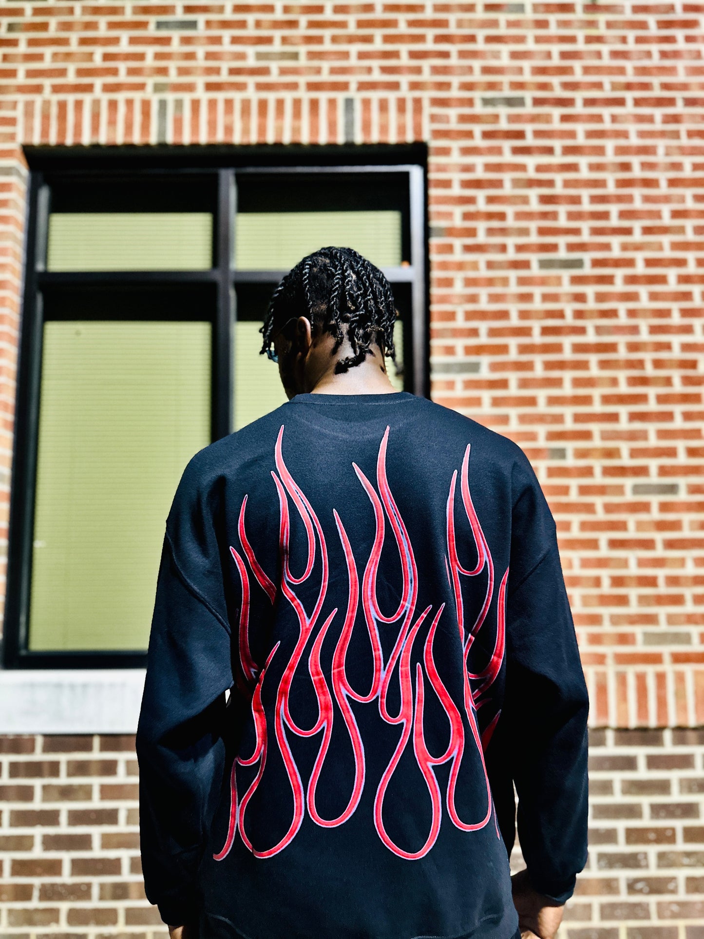 Myre black sweatshirt design “ purple flames/ red flames”