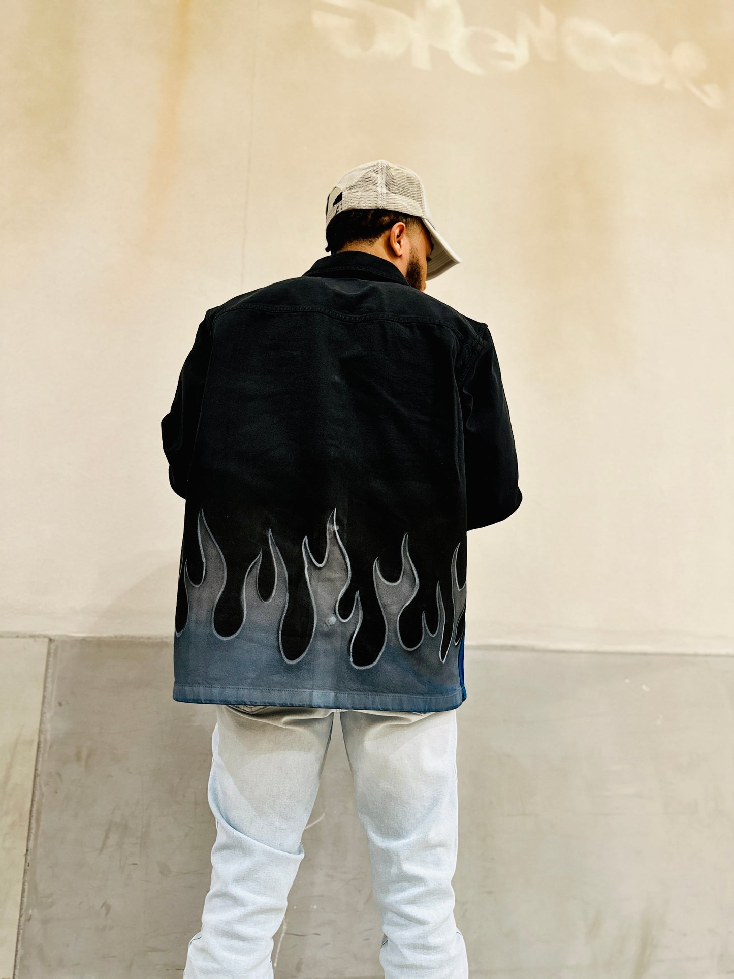 QUAN & MYRE BLACK JEAN JACKET DESIGN “ BLUE FLAMES & SILVER FLAMES”