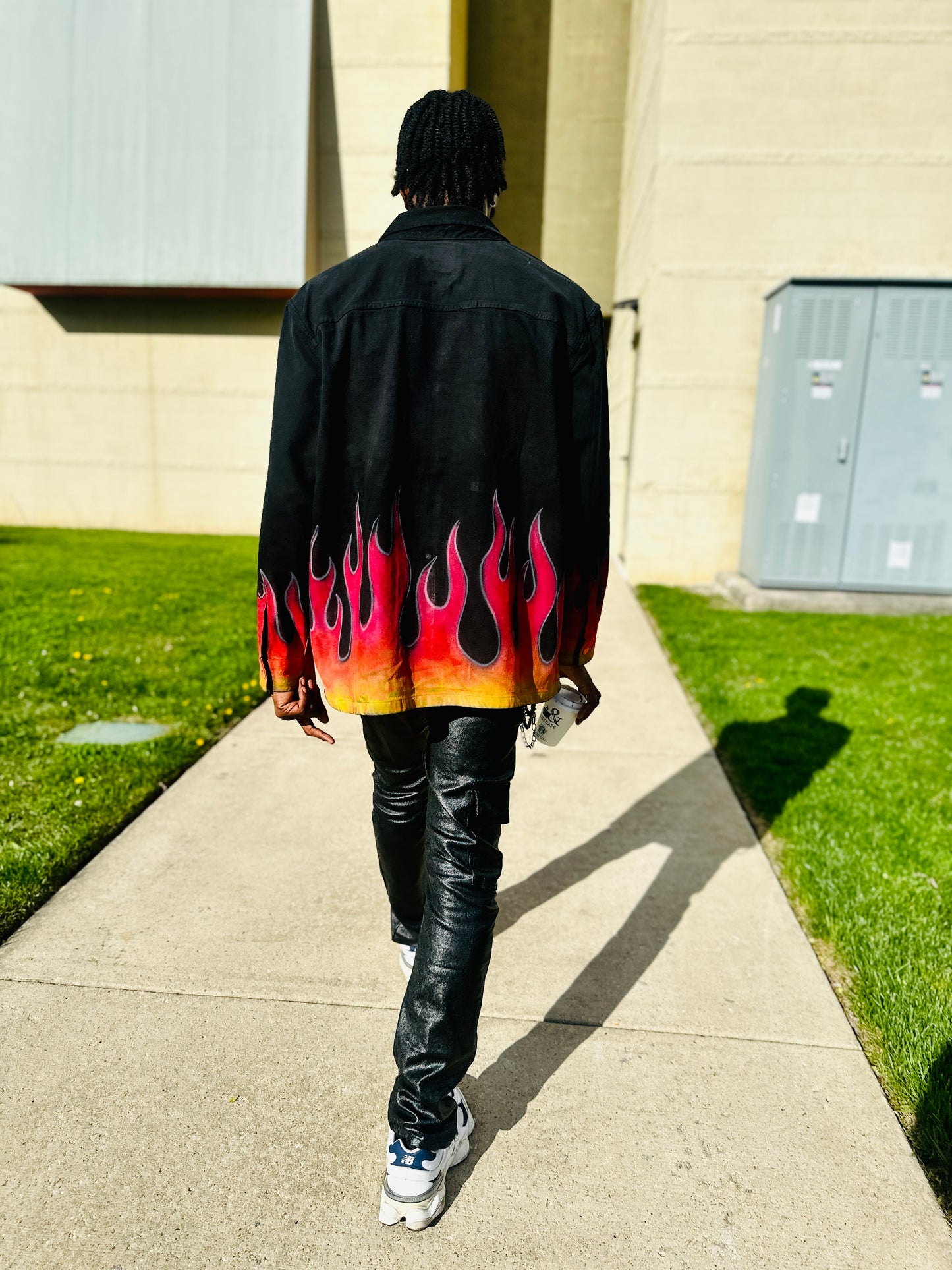 QUAN & MYRE BLACK JEAN JACKET DESIGN “ YELLOW/RED FLAMES”