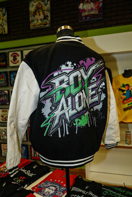 BOY-ALONE “BLACK VARSITY JACKET LEATHER SLEEVES “